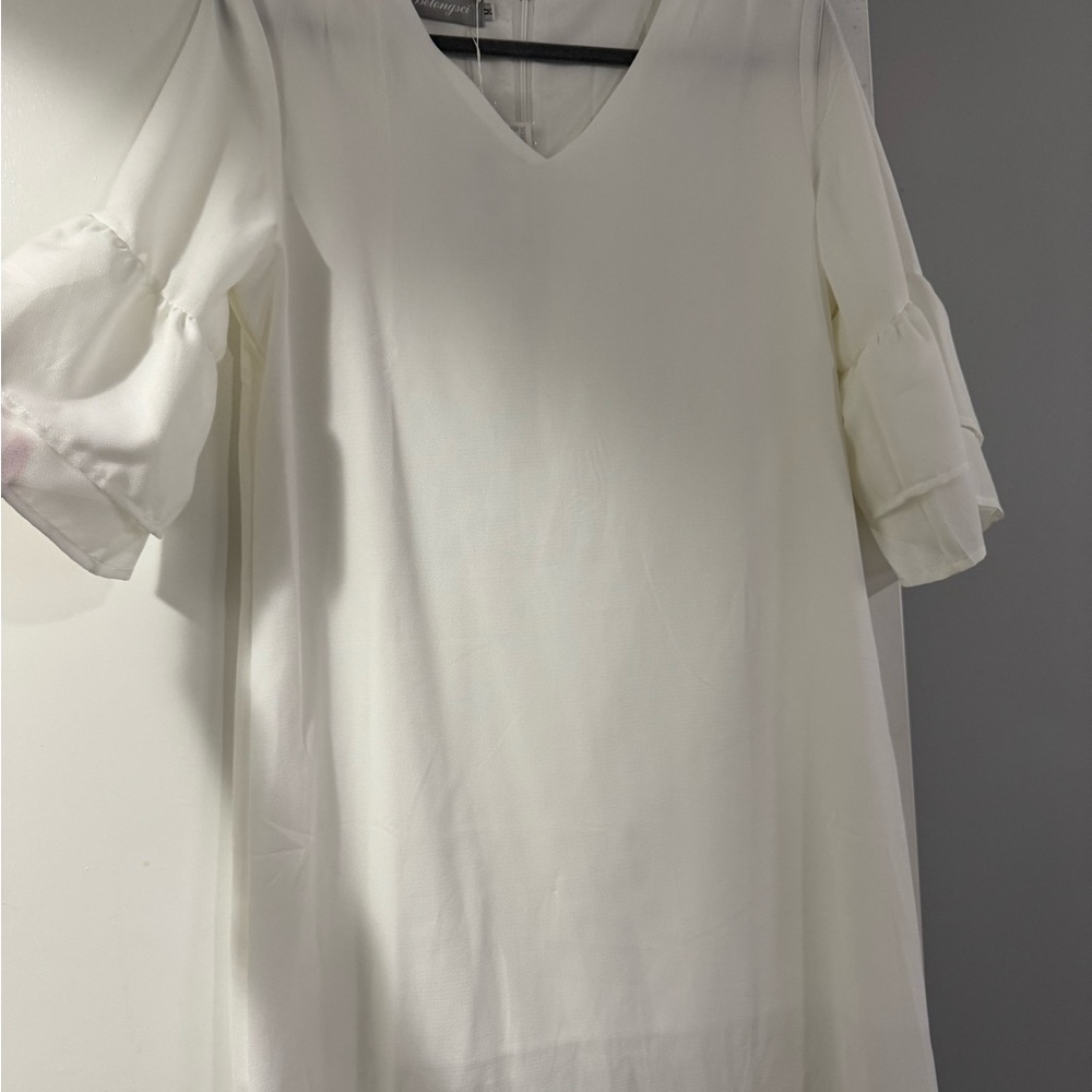 White Ruched Sheath Dress with Puff Sleeves